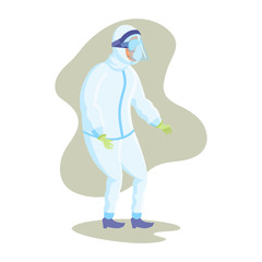 Flat Character Illustration Representing Male Doctor Wearing White Hazmat as Protector, Face Shield, and Mask