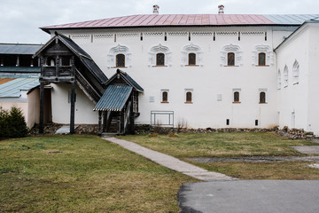 Nice building with wooden porch Veliky Novgorod kremlin. Russia