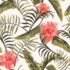 Floral seamless pattern tropical flowers hawaiian white background