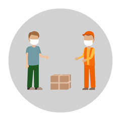 Obraz premium Courier in medical mask throw package to man. Vector illustration.