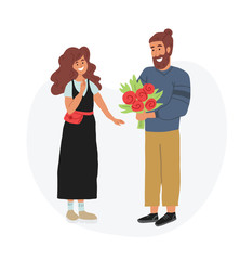 Cute couple, man gifting flowers. Romantic date.