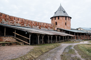 The wall of Veliky Novgorod kremlin and archaeological aecavations near it