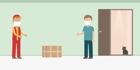 Obraz premium Safe delivery. Courier in medical mask. Vector illustration.