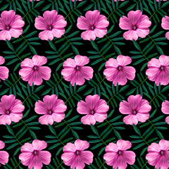 Seamless pattern with pink Geranium flowers and green leaves on black background. Endless colorful floral texture. Raster illustration.