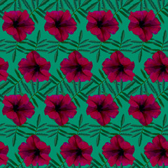 Fototapeta na wymiar Seamless pattern with red Petunia flowers and green leaves on green background. Endless colorful floral texture. Raster illustration.