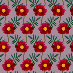 Seamless pattern with red Dahlia flowers and green leaves on taupe background. Endless floral texture. Raster colorful illustration.