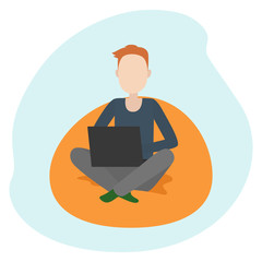 Man sitting on floor pillow and working on laptop. Teleworking. Vector illustration.