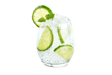 Water with ice and lime isolated on white background.