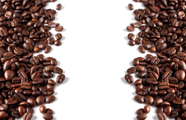 Coffee beans background isolated on white background with space. Top view. 