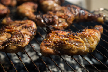 Grilled barbecue meat. Chicken drumstick on grill isolated.