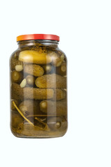 jar of pickles with garlic and herbs isolated on white background