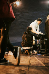 Guitarist using the sound system