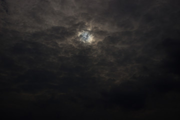 A shot of dark evening cloudscape with sun hiding behind