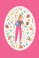 Cute girl with a flower pot. Oval frame with flowers, leaves and garden accessories. Cute spring flower frame.