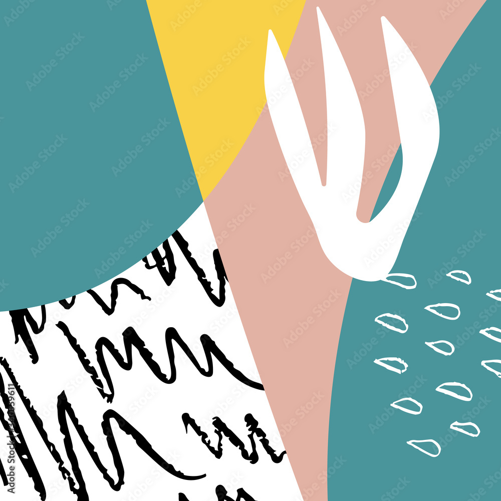 Poster abstract shapes, doodles and tropical leaves vector illustration. collage of hand drawn marks and sc