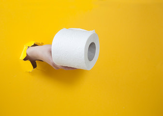 Female hand holds a roll of toilet paper on a yellow background. Hand in the hole. Purity. Restroom.