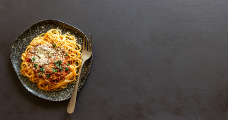 Italian pasta bolognese. Spaghetti. National cuisine. Recipe. Rustic.