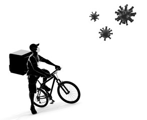 Watch out for coronaviruses. Deliver food. A man riding a bicycle. 3D rendering