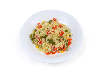 Rice boiled with vegetables on white dish on white background