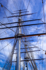 Old ship mast and sail ropes closeup