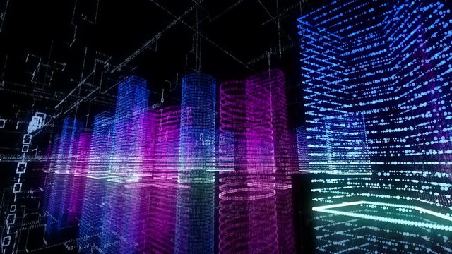 Abstract virtual city inside a computer system. Hologram 3D Big Data Digital City. Digital buildings with a binary code particles network. Technological and connection motion background. Looped