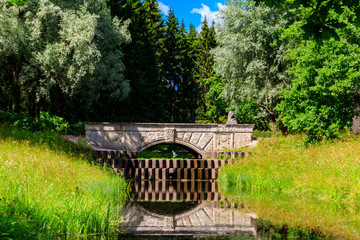 Pudostsky bridge with a cascade in Catherine park at Tsarskoye Selo in Pushkin, Russia