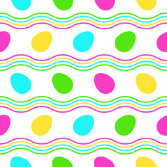 Seamless Pattern with brightly color easter eggs and waves. Flat vector illustration on white background. Great for celebration Easter designs, festive background, greeting cards, prints, packing, etc