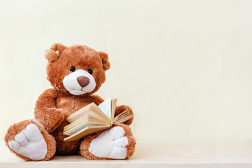 stuffed toy Teddy bear read an interesting book, showing that even read toys. the concept of baby...