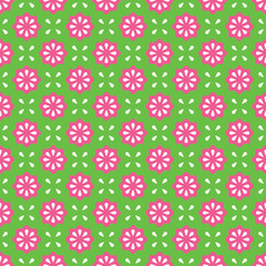 Vector seamless pattern. Abstract simple flower design. Pink and white elements on a green background. Modern minimal illustration perfect for backdrop graphic design, textiles, print, packing, etc.