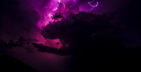 Montenegro. Powerful thunderstorm over the sea with continuous flashes of lightning. 