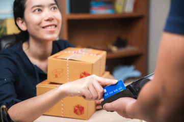 business paying with credit card machine, client purchase payment concept