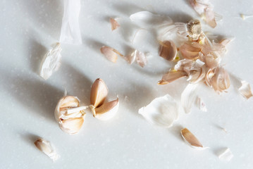 Organic garlic on white table in kitchen