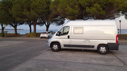 camper van with a view of a lake in carcans Maubuisson French south west