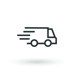 Fast moving shipping delivery truck line flat vector icon for apps and websites express delivery, quick move, line symbol on white background