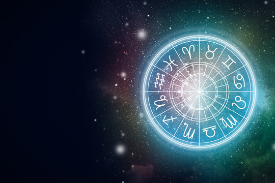 Astrological signs of the zodiac for the horoscope on the background of the starry sky. Illustration. Copy space