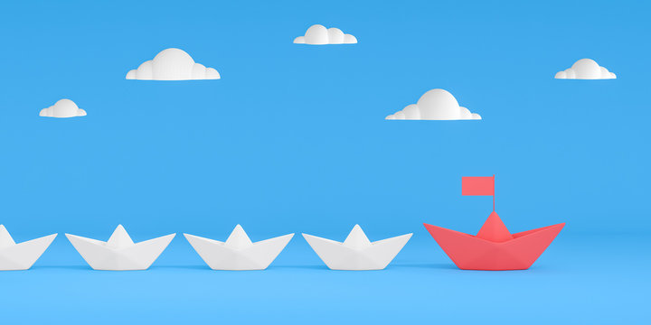 Leadership concept. Red leader paper boat leading among white on blue background 3d render 3d illustration