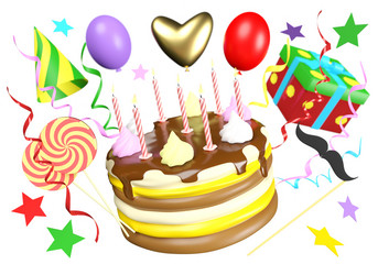Bright birthday cake  with a gift box and balloons and other objects for fun on white background. 3D illustration