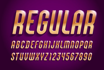 Obraz premium 3d golden font, trendy volume alphabet sans serif, modern italic letters and numbers for your logo, flyer, film poster, fashion banner, vector illustration 10eps.