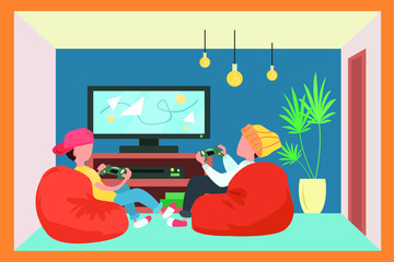vector illustration of a guys playing console games during corona virus isolation