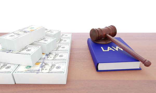 Gavel lies on a law book next to big stack of dollars. Concept of corrupt jurisdiction. 3D illustration