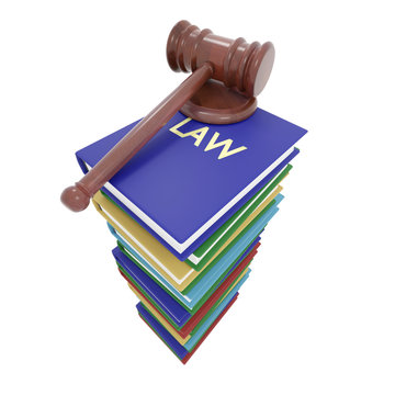 Gavel Lies On A Tall Stack Of Law Books. Concept Of Judgment And Jurisdiction. 3D Illustration