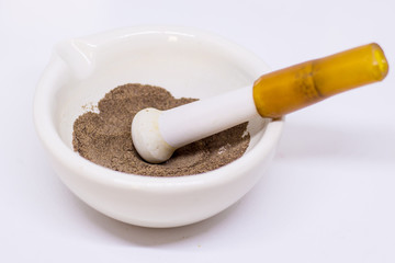 Raw materials crushed in a mortar