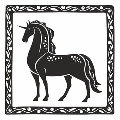 Silhouette of the mythological horse Unicorn. Decorative graphics stylization of medieval miniatures. Vector hand illustration