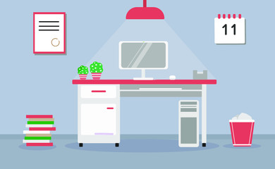 Illustration of a modern office interior or room from the workplace for one person with a computer, lamp, books, a bucket for papers, a calendar in lilac and red colors