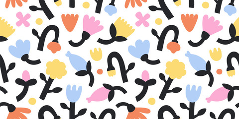 Obraz premium Contemporary flowers, vector abstract tulips and bell flower in bright colors. Vector seamless pattern. Modern trendy botanical design for fashion print, fabric, wallpaper and wrapping paper.