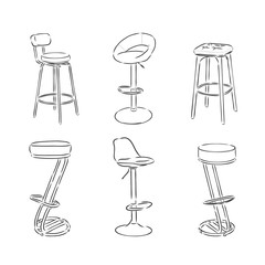 A set of bar chairs isolated on white background.Vector illustration in a sketch style. high bar stool vector sketch illustration