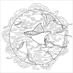 Wild underwater animals fish stingrays manta rays in flight for coloring book without color and background, against a round frame, sky and clouds.Sketch for a tattoo doodle style.