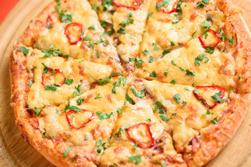 Close up Italian pizza about cheese it stick.