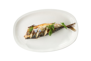 Hot smoked herring fish on white plate isolated on white background