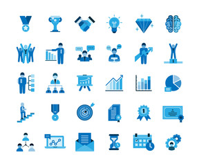 Business success icons set. Icons for business, management, finance, strategy, planning, analytics, banking, communication, social network, affiliate marketing.